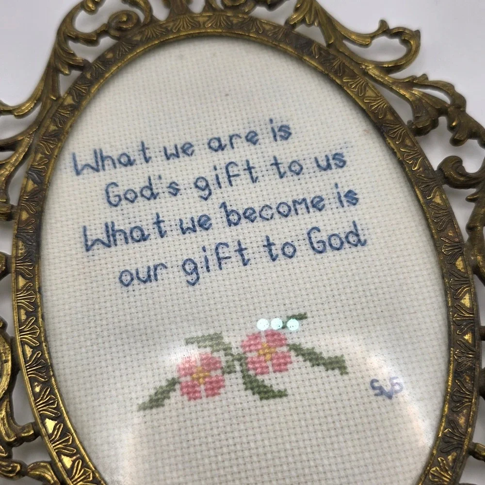 Vintage Framed Cross Stitch Religious Quote Ornate Gold Oval Filigree Frame SJB